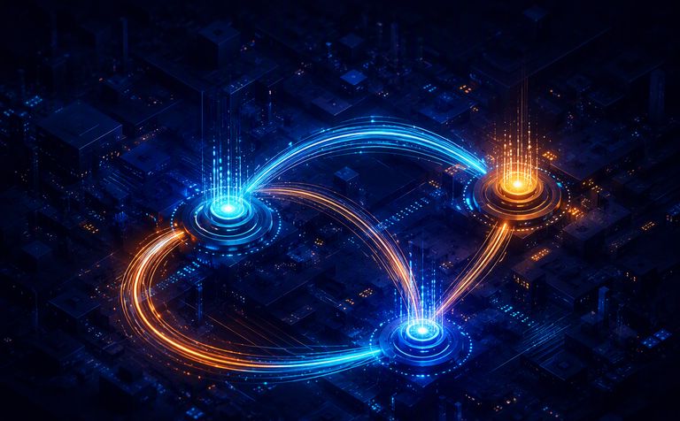Abstract illustration of three glowing delivery hubs connected by arcing light paths