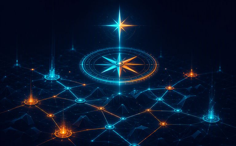 Abstract illustration of a glowing compass and north star above a connected network landscape