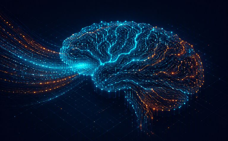 Abstract illustration of a brain-shaped circuit forming from flowing data streams