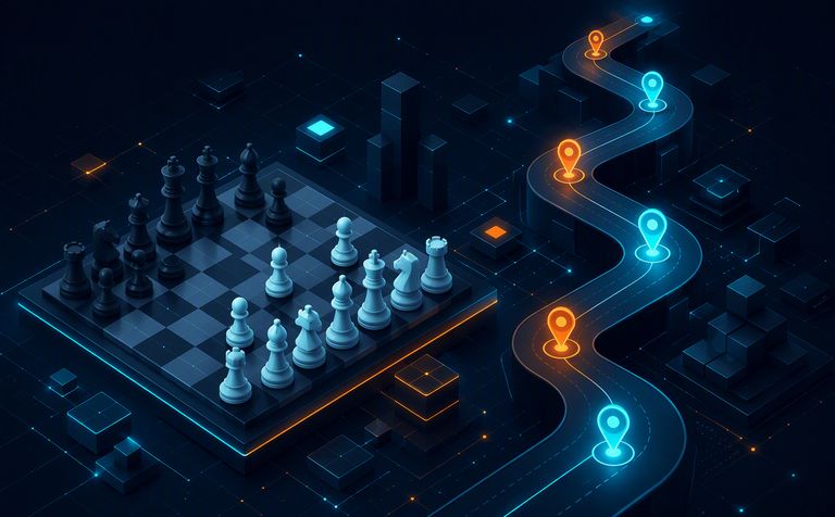 Abstract illustration of a strategy board with a winding glowing roadmap path and waypoint markers