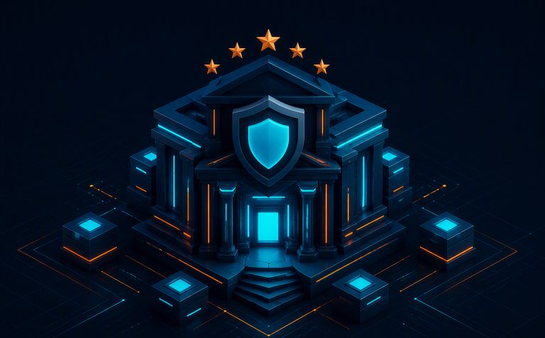 Abstract illustration of a secure institutional building motif with a shield and stars