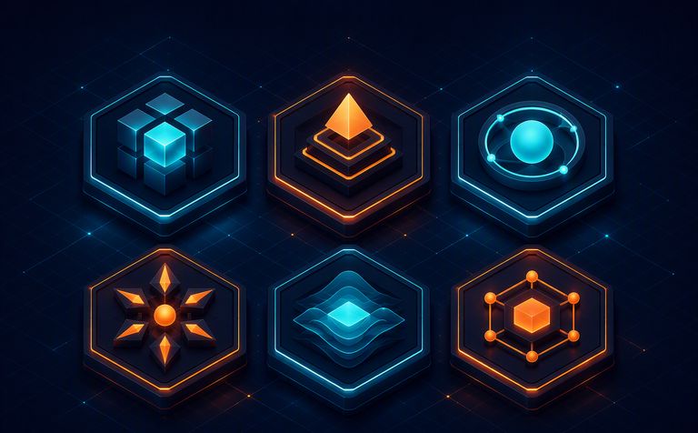 Abstract illustration of six glowing hexagonal tiles representing industry sectors