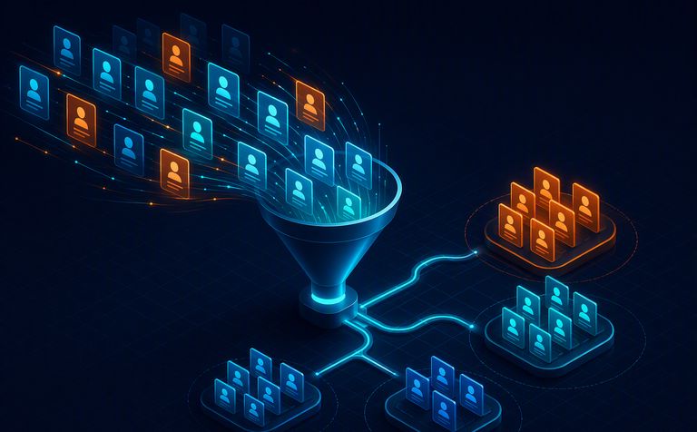 Abstract illustration of glowing profile cards flowing through a funnel into organized team clusters