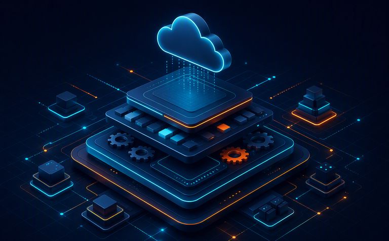 Abstract illustration of a layered platform technology stack with gears and a cloud
