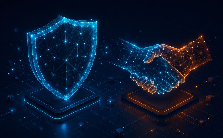 Abstract illustration of a shield and handshake formed from connected network nodes